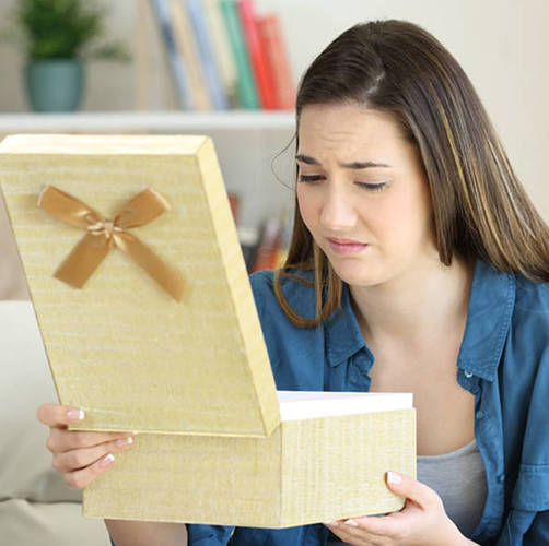 this unhappy gift recipient is hard to buy gifts for