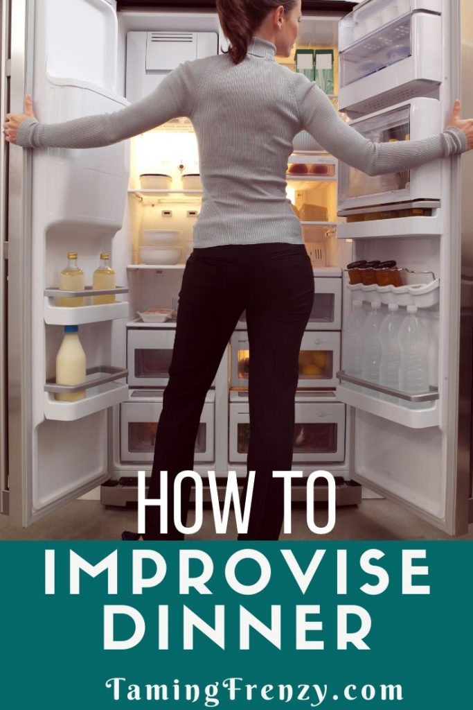 woman in front of refrigerator improvising dinner