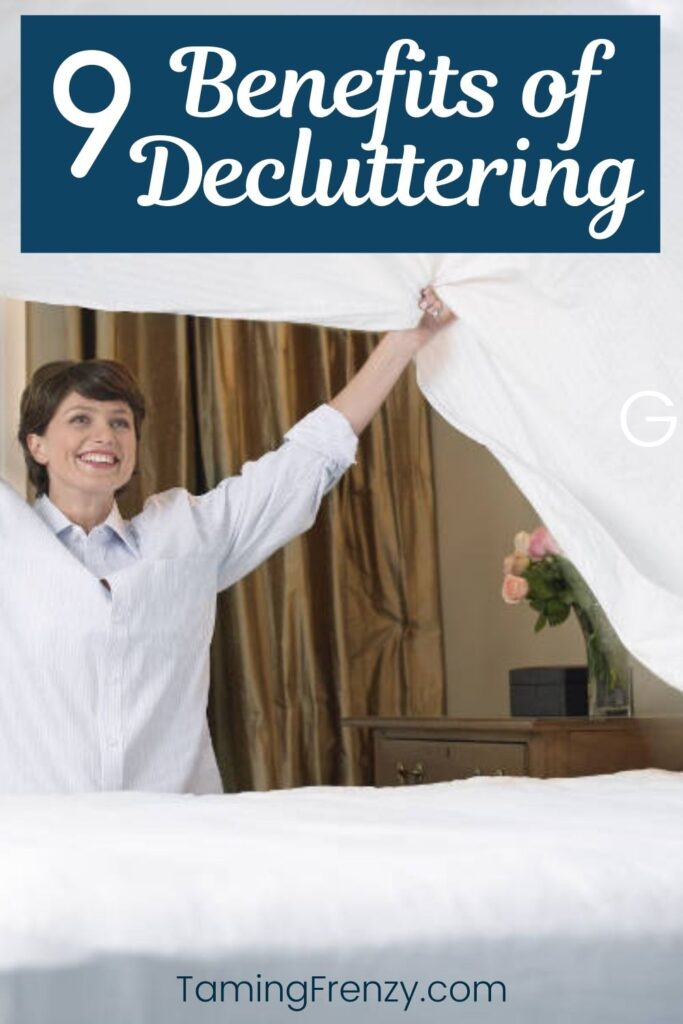 making bed in clean room is a benefit of decluttering
