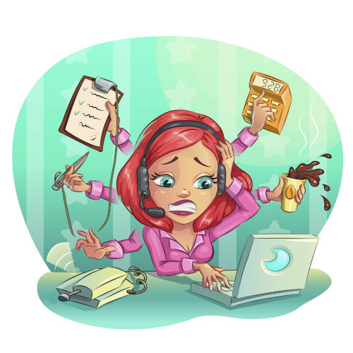 cartoon of woman with many arms multitasking