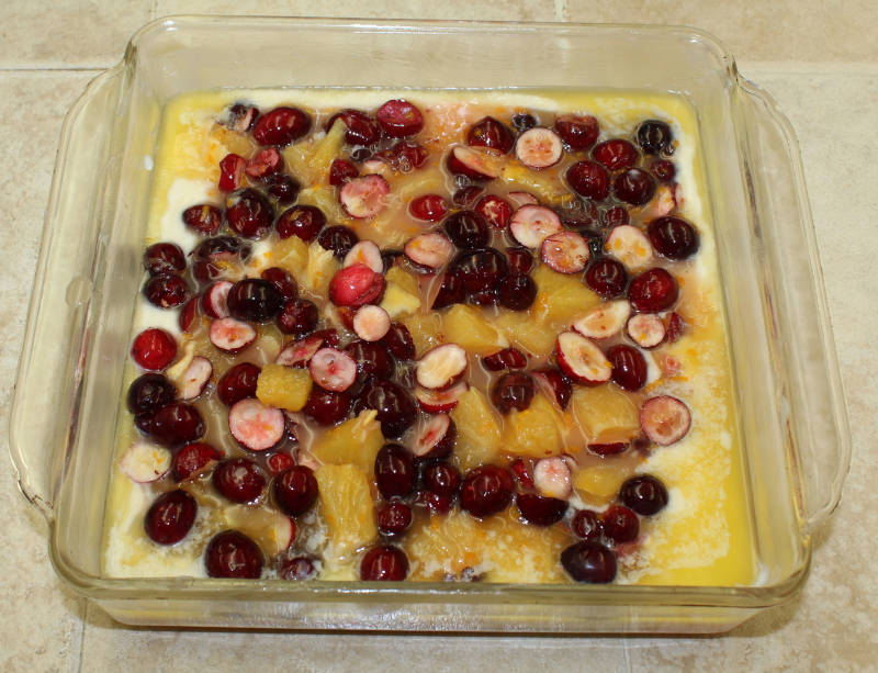 raw cobbler in baking dish